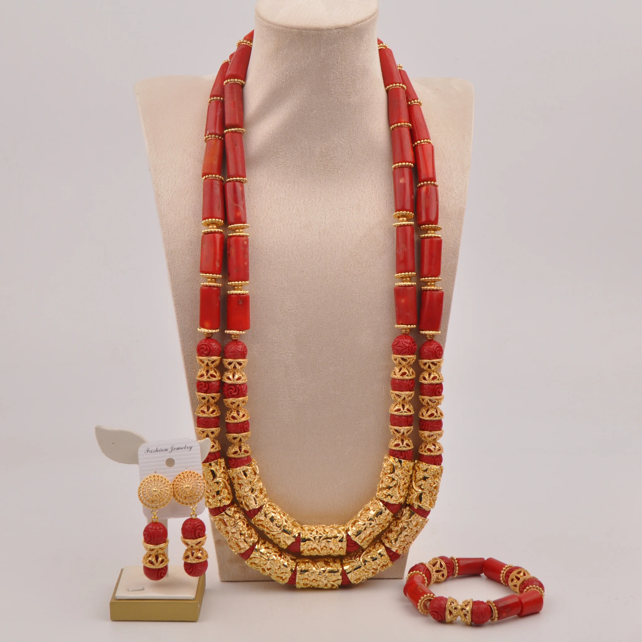 

Fashion 2Rows 36inches Red Coral Beads Jewelry Set Nigerian Wedding African Bride Jewelry Sets