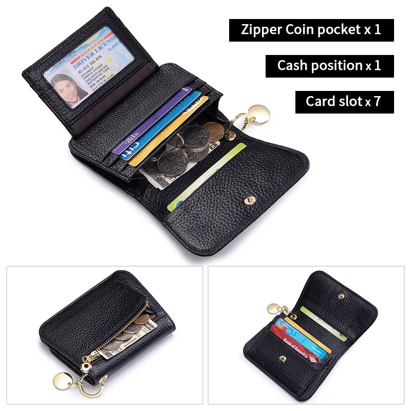 Elegant Women's RFID Blocking Genuine Leather Wallet with Keychain and Zipper Coin Pocket