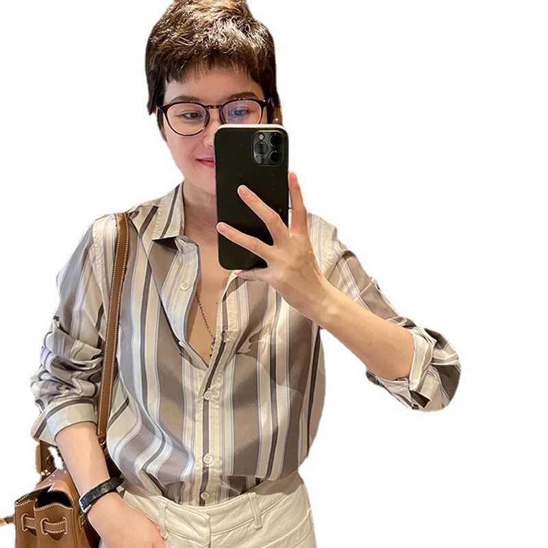 thumbnail image 1 of Camisas de seda 100 % auténtica, blusas de mujer a rayas de manga larga de primavera 2024, blusas de mujer a la moda, blusas de alta calidad, 1 of 5