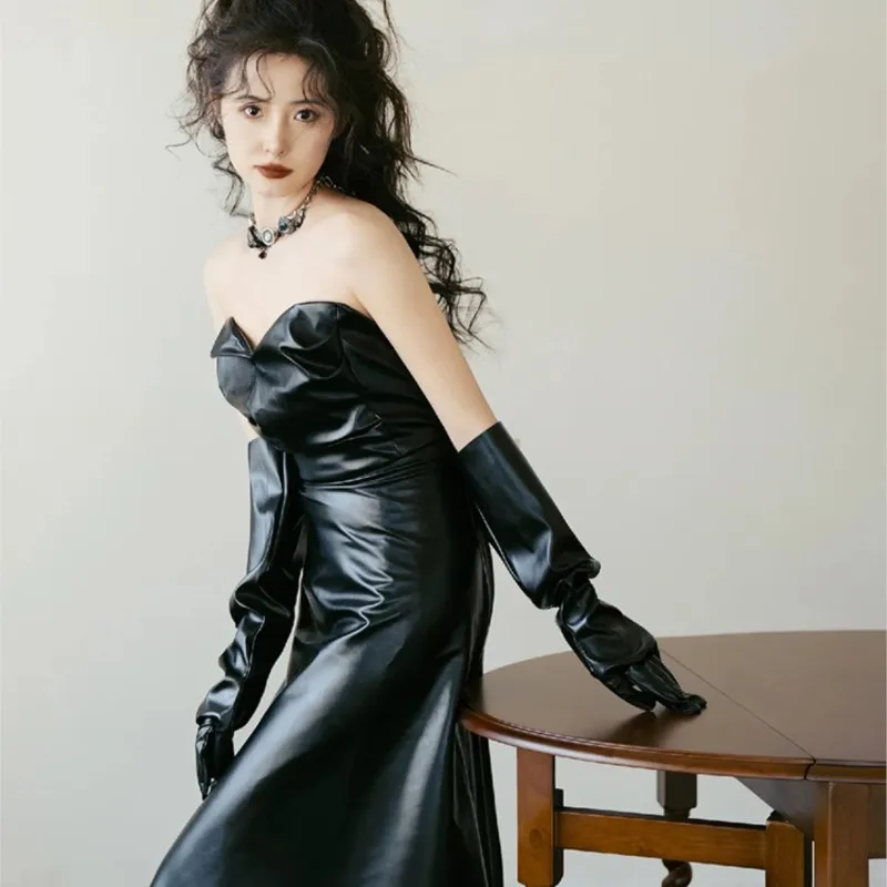 

Hepburn Style Morning Shot Women's Black Leather Skirt Elegant Tube Top Toast Clothing Morning Gowns