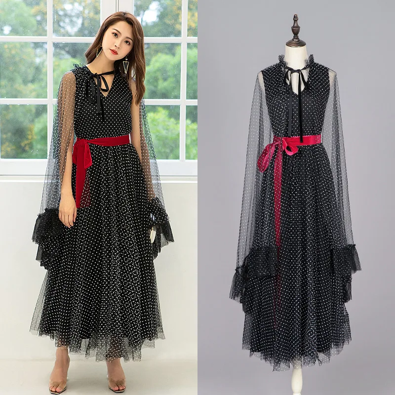 

Dot Cape Cloak Mesh Long Dress High Quality Vintage V Neck Polka Tunic Women's Party Dresses Robe Longue Femme Vestido Largo