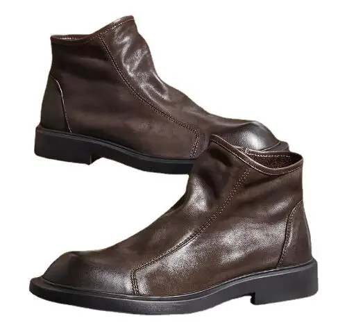 

British Style Retro Coffee Color Round Toe Genuine Leather Zipper Side Flat Ankle Boots Men Low Top Comfortable Short Booties