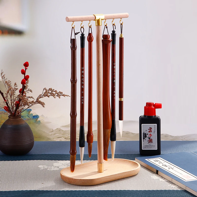Wooden Chinese Brush Pen Holder with Beechwood Base Calligraphy Rest Ink Hanger 6 Hooks Writing Brush Holder School Stationery