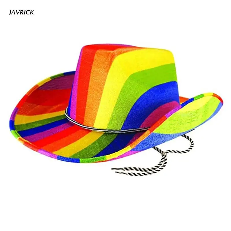 Fashion Rainbow Cowboy Hat Western Style Large Brim Hat Fedora Felt Jazz Accessory Wide Curve Brim