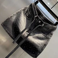 Oversize Retro Diamond Denim Mini Skirt for Women Summer High Waist Shiny Rivet Slim Skirts Gradient Black Grey Jean Skirts - Image 3