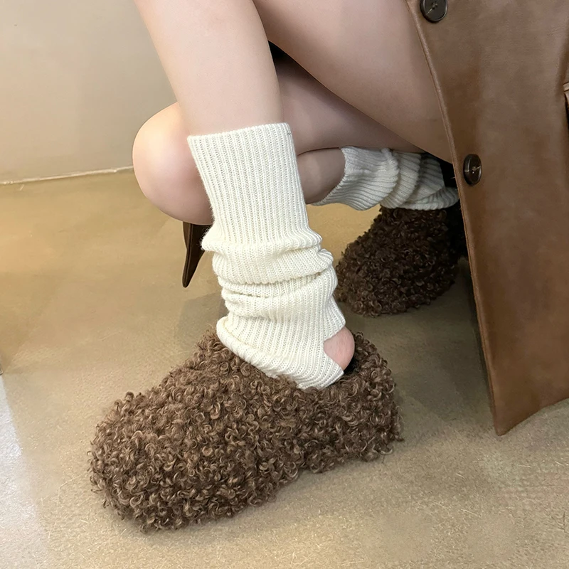 ZOOKERLIN Round Toe Thick High Heels Platform Women's Slippers Solid Color Wool Slip On Winter Soft Comfortable Woman Shoes Fur