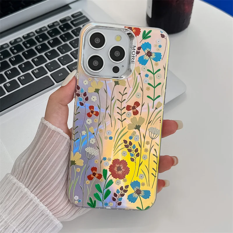 Coque de téléphone de luxe galvanisée à motif de fleur laser pour iPhone 16 15 14 13 Pro Max, coque arrière rigide antichoc en PC mat_voghion.com