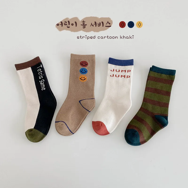 Children Socks 4 Pairs Autumn Letter Sport Cotton Non-slip Kids Boys Girls Calf