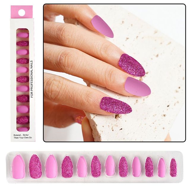 Matte False Nails Nail Art Fake Nails Gel Tips Full Cover Teardrop Shaped Artificial Press Nails Glitter Powder Fake Nails