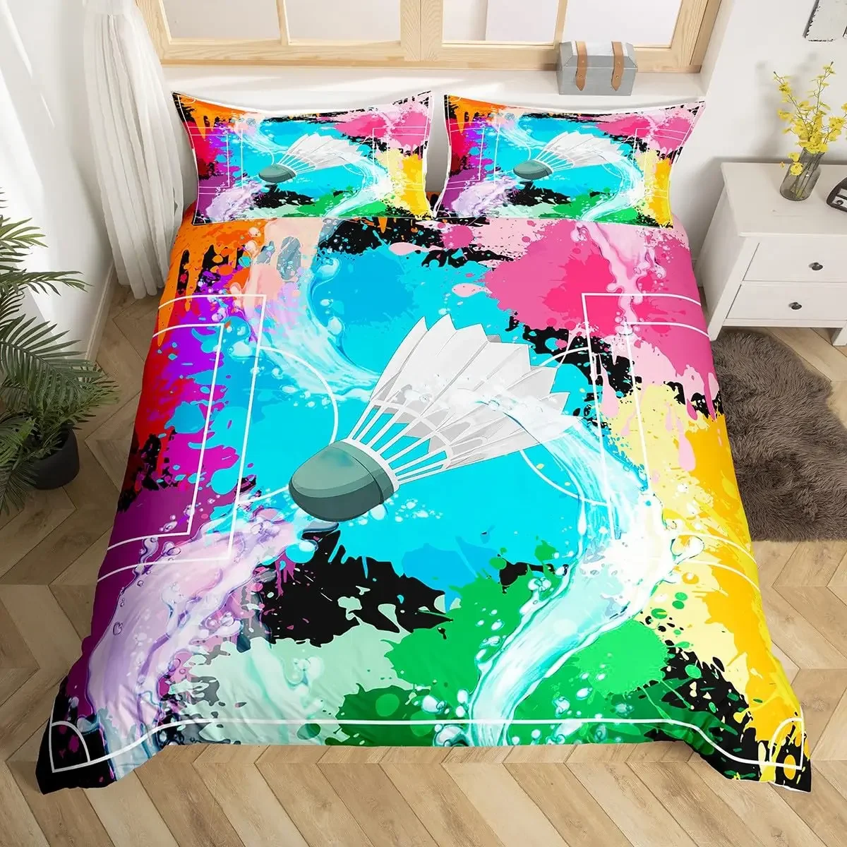Badminton Duvet Cover Set Kids Badminton Sports Bedding Set Boys Girls Room Decor Ball Games Pattern Black Comforter Cover Sets