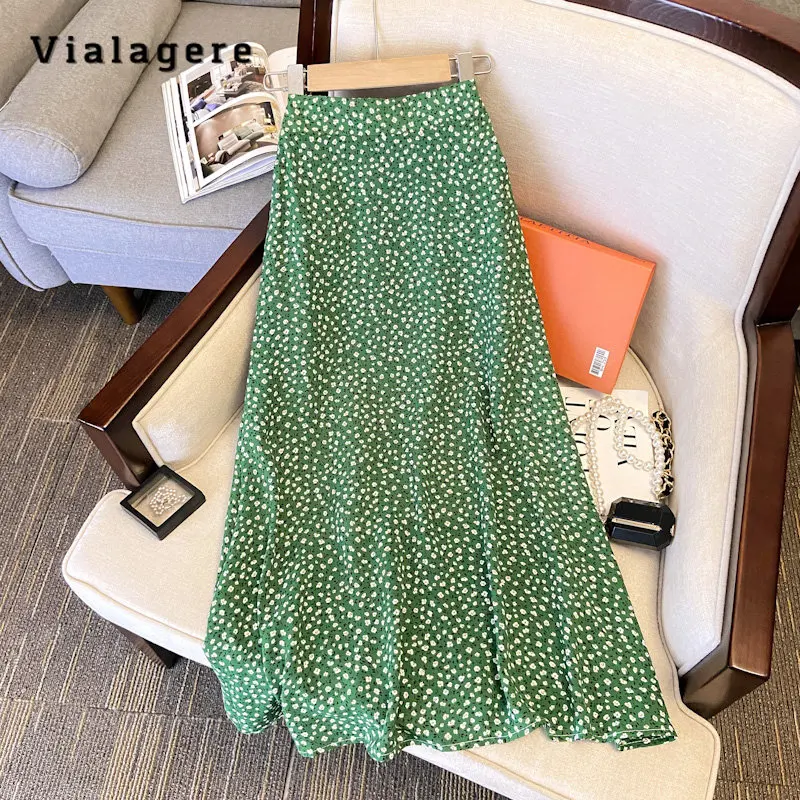 

2023 Summer Vintage Floral Print Soft Mid Long Skirts For Women Elegant Casual Chiffon High Waist Loose Fit Green Skirt