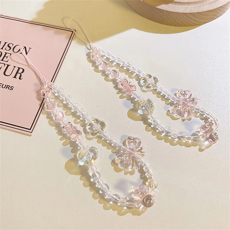 한국어 핑크 곰 나비 꽃 전화 스트랩 매력 체인 매듭 핸드폰 매는 밧줄 키 체인 여자 여자 가방 카메라 펜던트 케이스