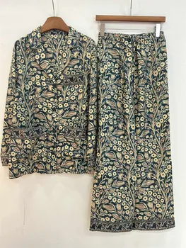 L*P Mulberry Silk Reversible Printed Long Sleeve Shirt + Elastic Waist Straight Casual Trousers 2 Piece Set Women Clothing 1