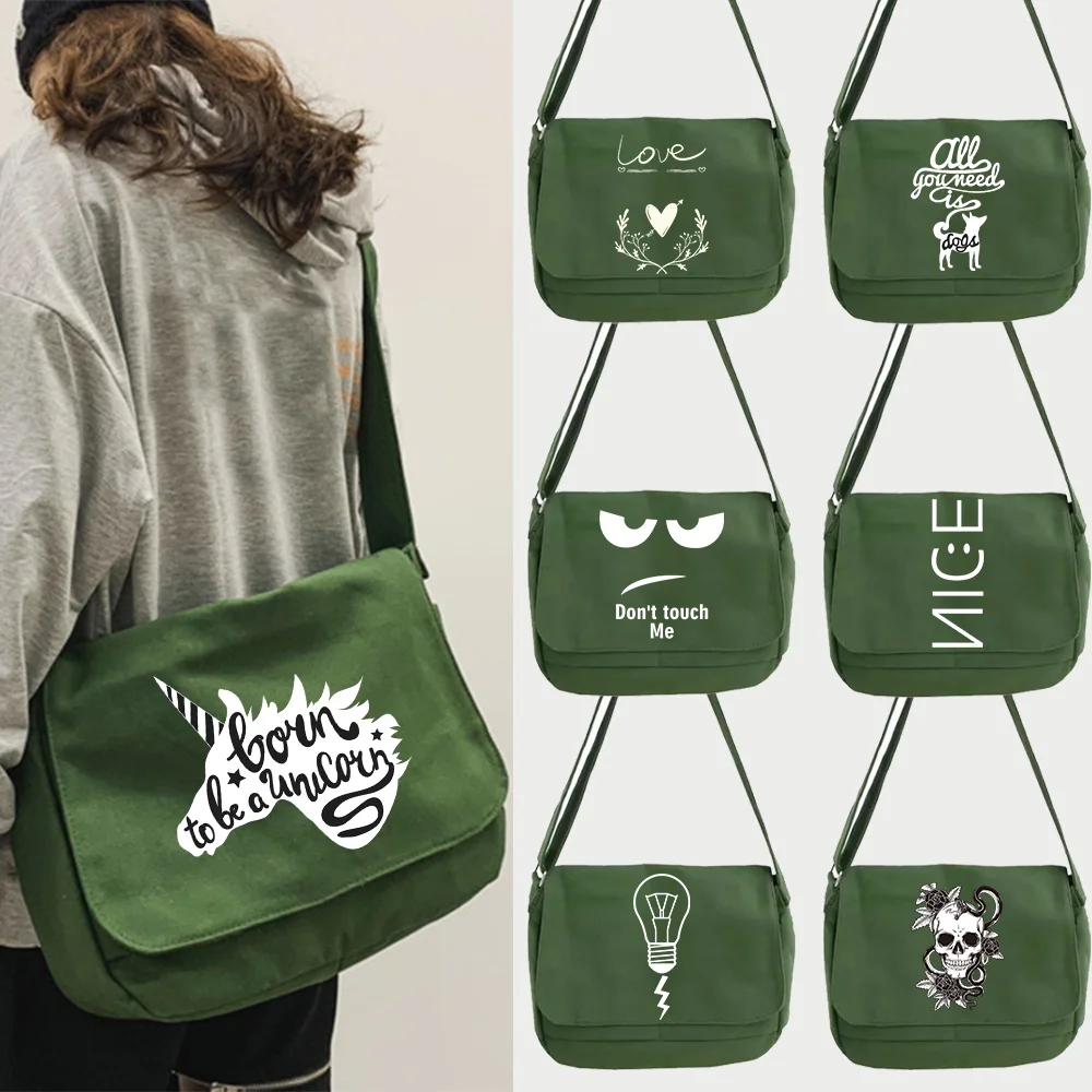 Women's Messenger Bag Canvas White Picture Print Shoulder Bags 2023 School Travel Crossbody Bag Portable Large Capacity Handbag