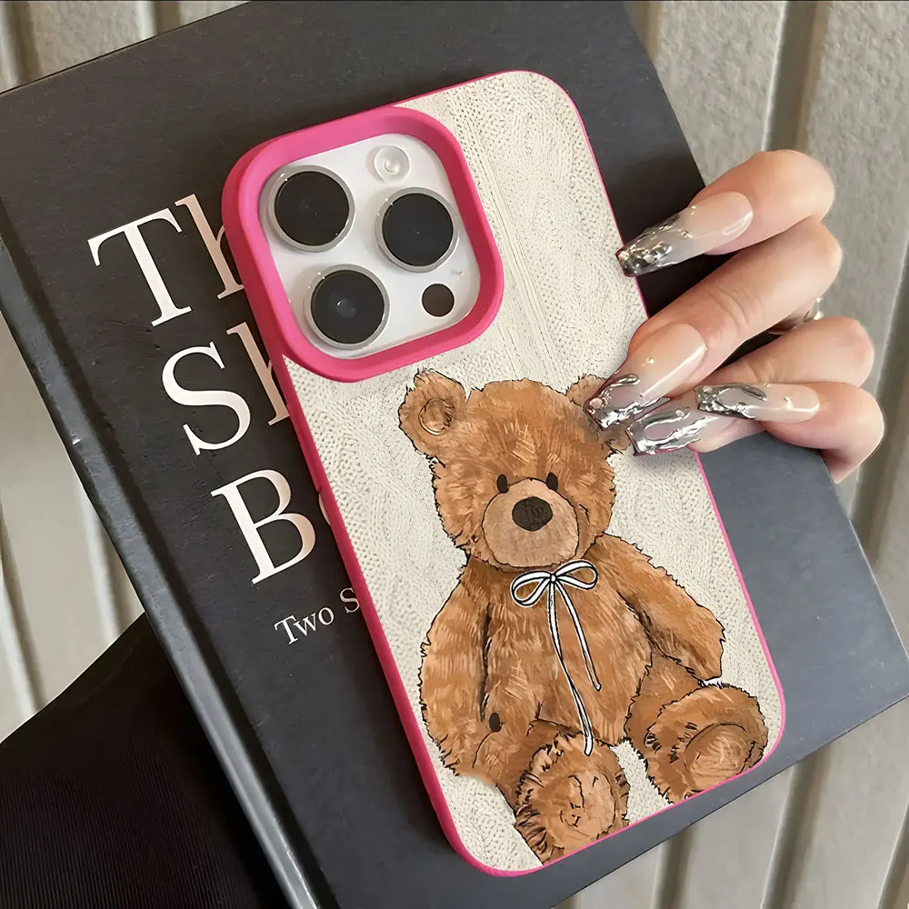 Cute Brown Teddy Bear Pattern Lychee Soft Phone Case
