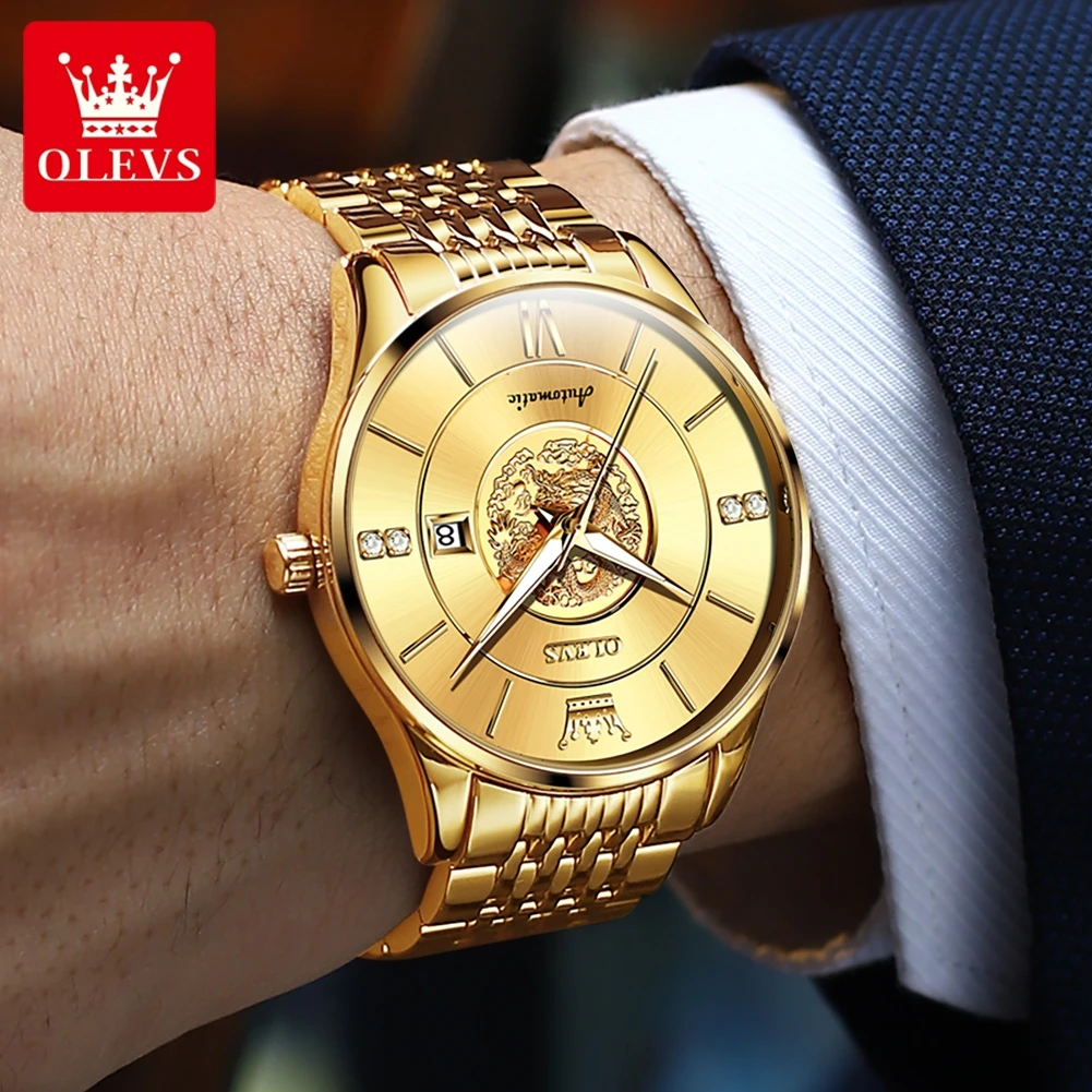 OLEVS Brand Luxury Gold Mechanical Watch for Men Stainless Steel Waterproof Luminous Calendar Fashion Engraving Dragon Men Watch