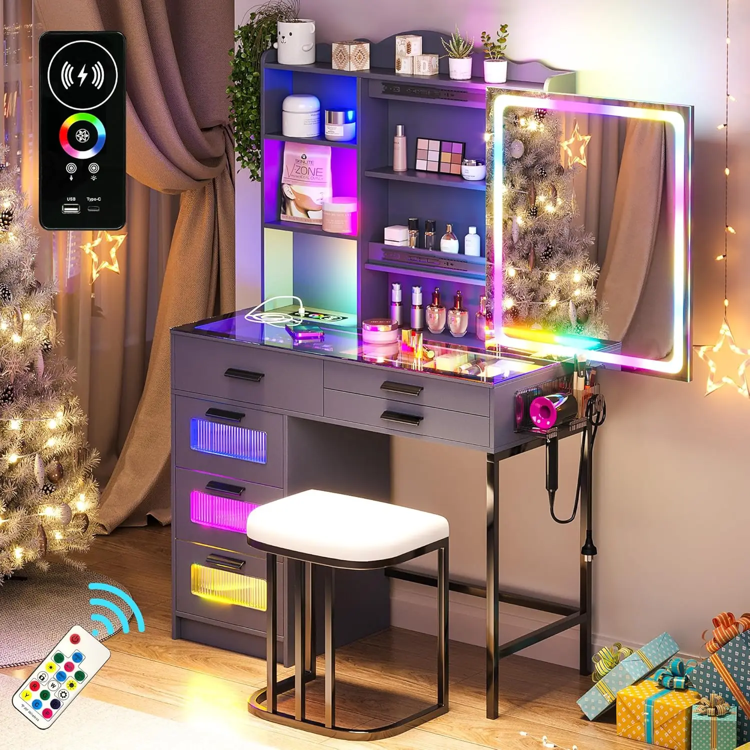 RGB Vanity Desk with Sliding Mirror and Lights, LED Makeup Vanity with Charging Station/Motion Sensor Light, Glass Top Vanities