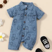 Summer New Short sleeved Polo Collar Single breasted Cartoon Little Lion Printed Denim Shorts jumpsuit for small and medium-size 1