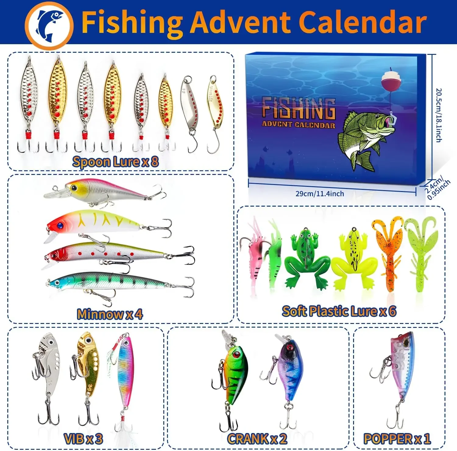 24Days Christmas Advent Calendar 2024 Fishing Christmas Countdown Calendar Fish Bait Calendar for Adult Men Boys Christmas Gift