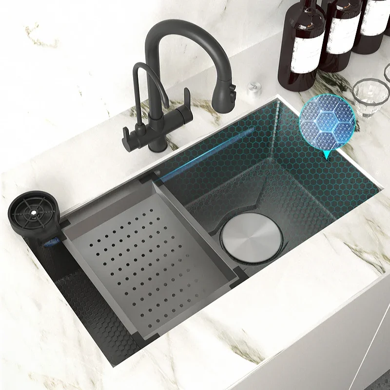 

Stainless Steel Embossed Kitchen Sink Large Single Slot Washbasin Multifunctional Washing Basin Understage installation