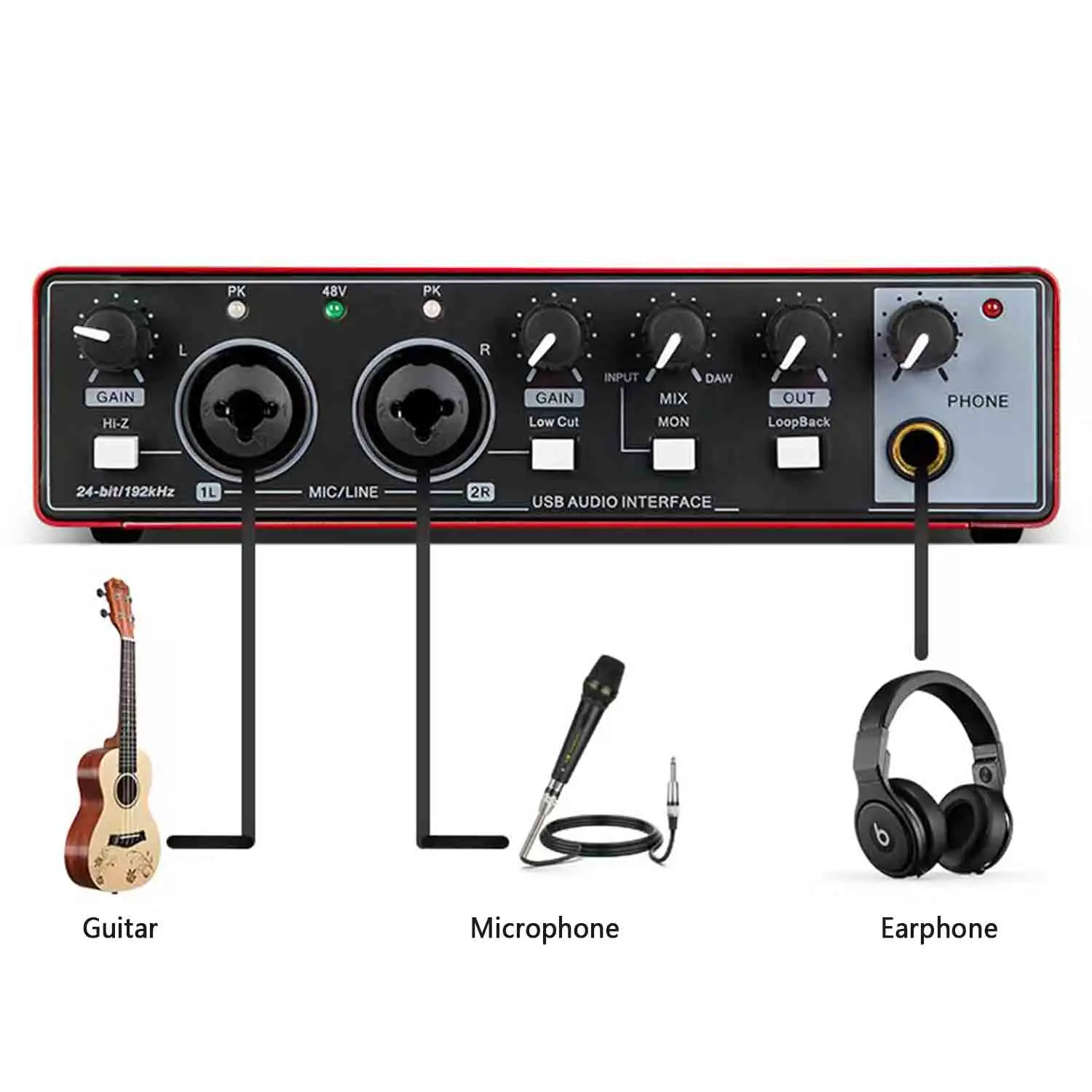 Sound Card Studio Record Professional USB Audio Interface With Loopback Monitoring 48V Phantom for Recording audio interface