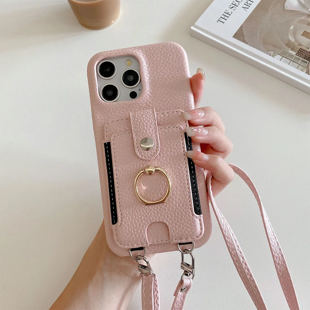 Luxurious Leather Crossbody Phone Case with Ring Wallet and Card Holder