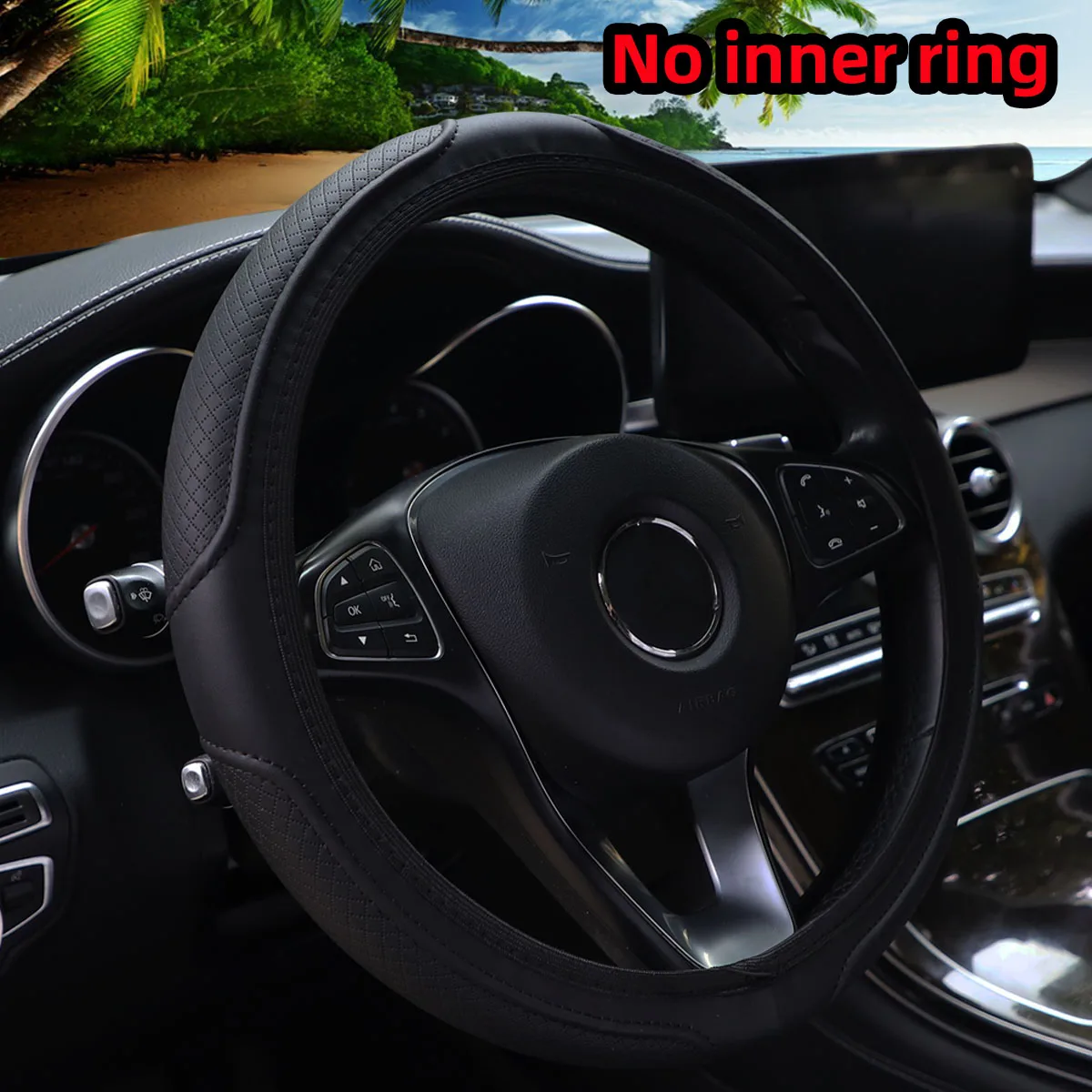 Plaid PU Embossed Leather Steering Wheel Cover, 14.5-15 Inches