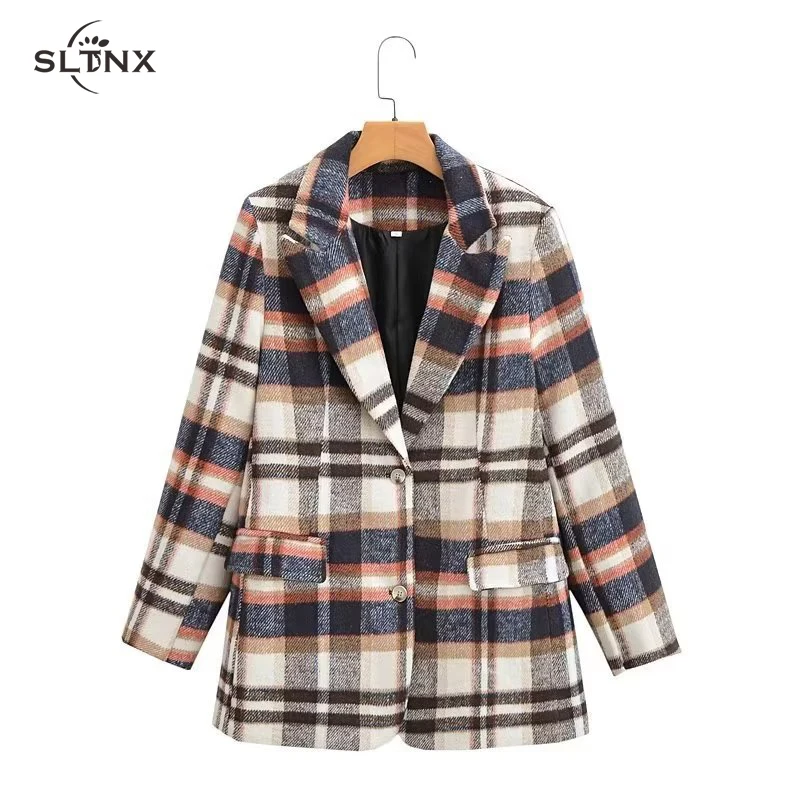 

SLTNX Fashion Plaid Woolen Women's Blazers Coats Female 2023 Notched Collar with Pockets Autumn Blazer Suits Ladies Outerwear