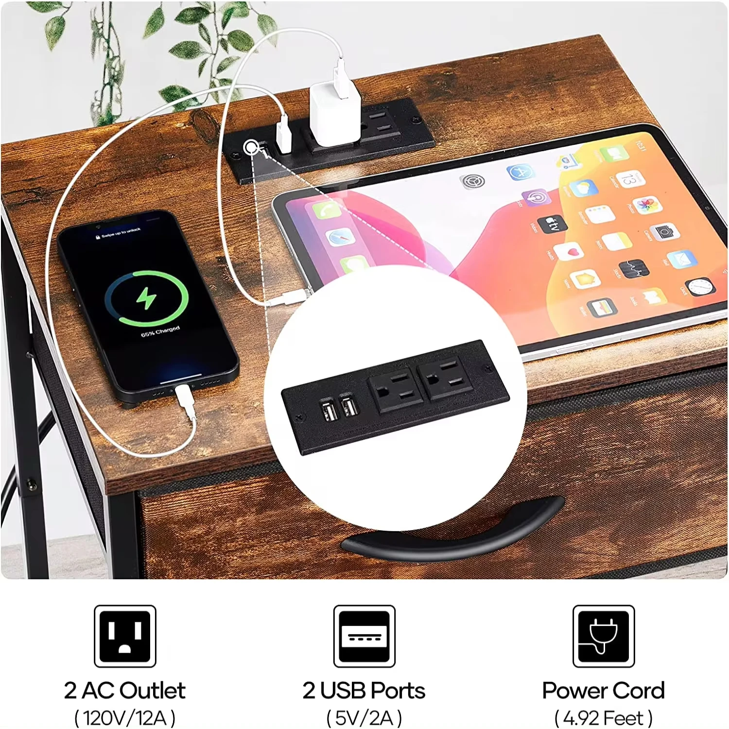 Nightstand End Table with Charging Station USB Ports Drawer  Shelf Brown