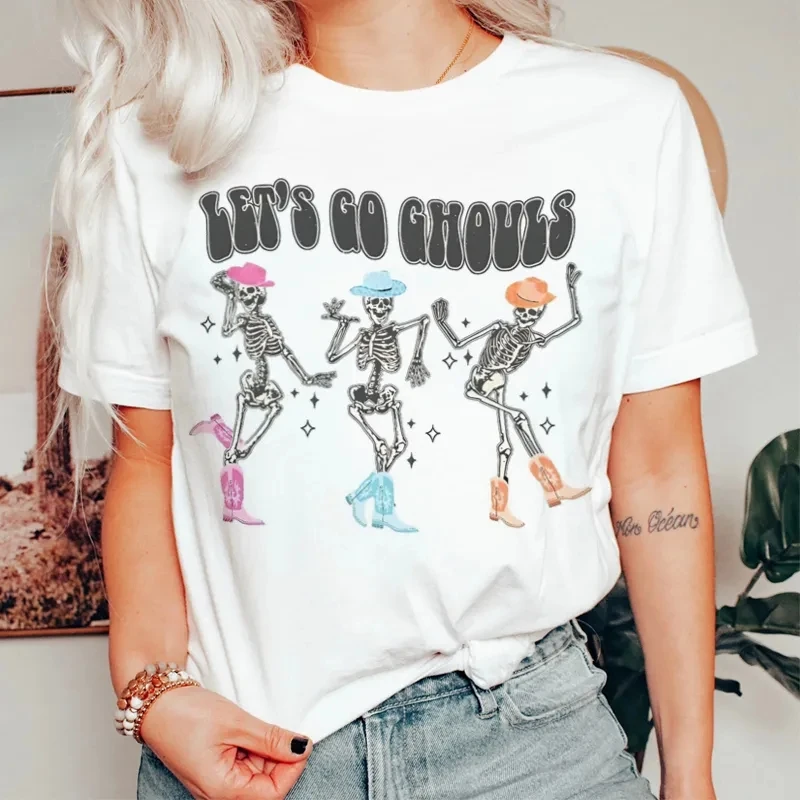 

Dancing Skeleton Funny Halloween T-Shirt Cowgirl Western Country Music T Shirt Women Retro Cute Fall Graphic Tops Clothing