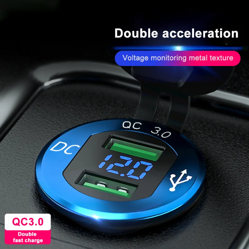 12V 24V Car Quick Charge 3.0 Dual USB Charger Waterproof Socket Aluminum Power Outlet Fast Charge with LED Voltmeter For Car phone charger,car charger,car phone charger