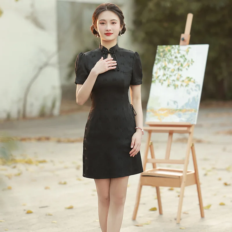 

Summer Women Mandarin Collar Qipao Short-sleeved Fashion Elegant Mini Cheongsam