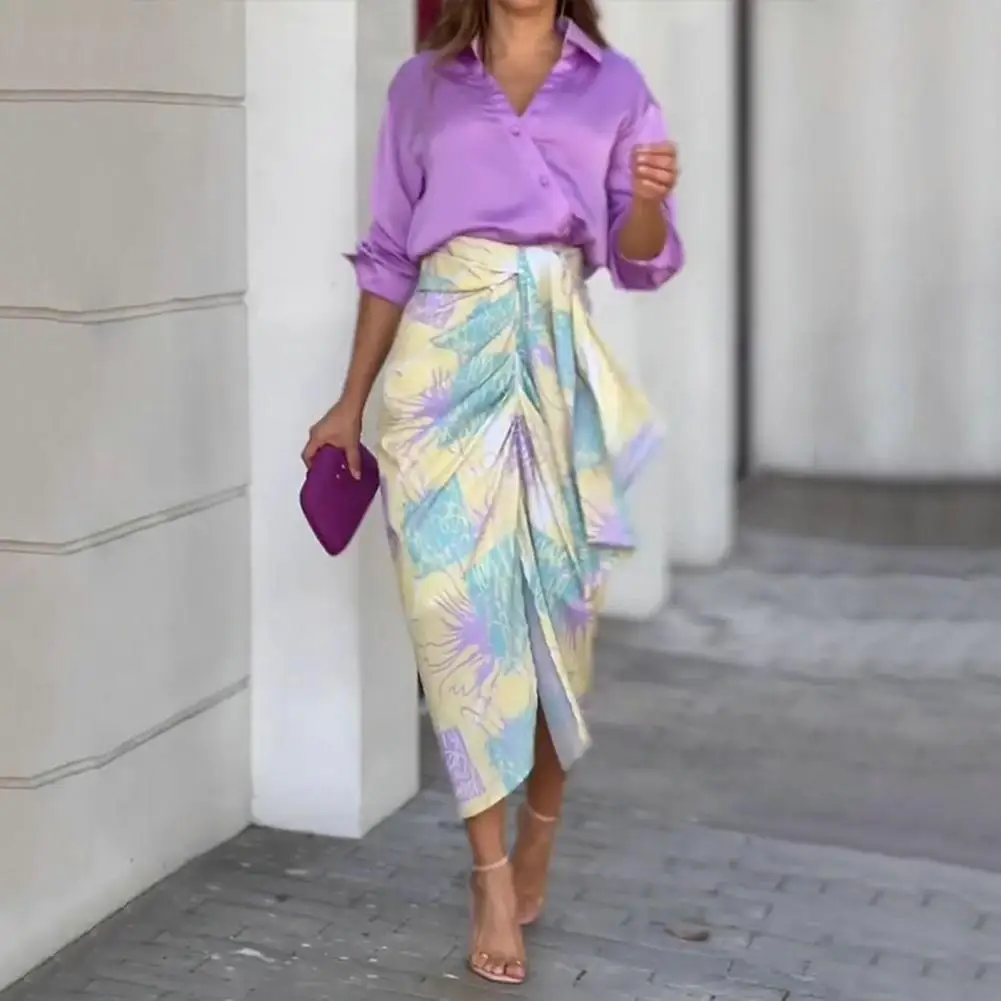 

2Pcs/Set Women Shirt Solid Color Printing Midi Skirt Set Lapel Irregular Placket Slit Pleated Hip Wrapped Shirt Skirt Suit 2023