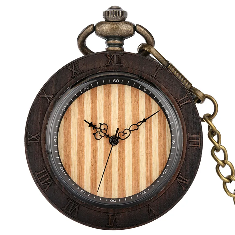 Handmade Sandalwood Pocket Watch Round Shape Carved Roman Number Case Unisex Wooden Quartz Analog Watches with Pendant Chain