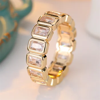 Rectangle Stone Geometric White Zircon Rings For Women Vintage Gold Color Engagement Bands Wedding Jewelry Bridal Versatile Gift