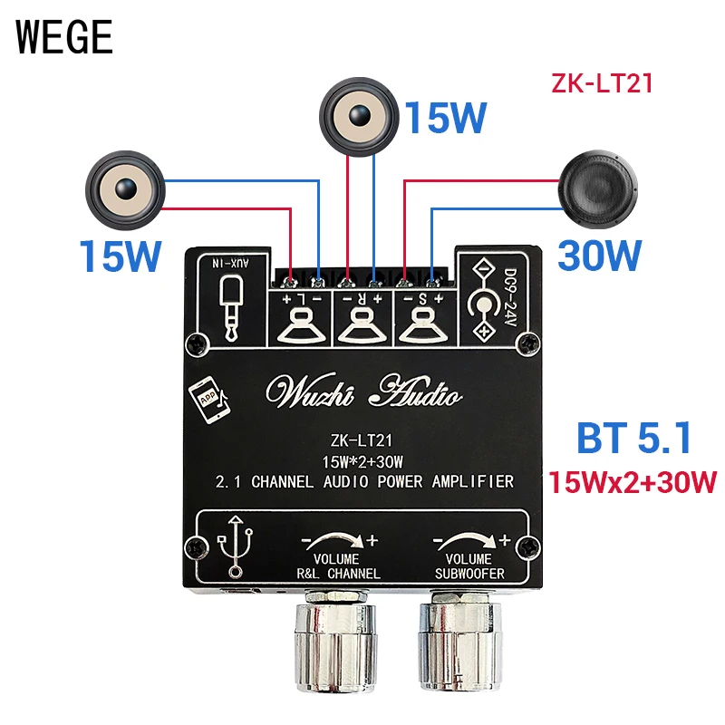 WEGE ZK-152 152T 302 302T LT21 2.1 2.0 Channel 2x15W 2x30W BT Audio Power Amplifier Subwoofer Bass Treble AMP Wuzhi Audio APP audio amplifier board