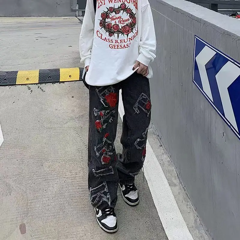 

New Rose Embroidery Jeans Y2k Aesthetic Old Jeans Women Casual Loose Wide-leg Harajuku Pants Vintage 90s Trousers