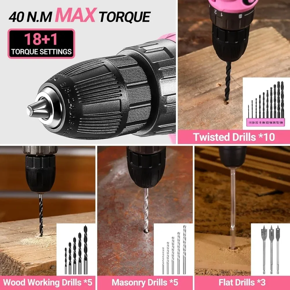 Pink Drill Tool Kit Set: 20V Cordless Power Drill Tool Box with Battery Electric Drill Driver for Men Home Hand Repair Basic Too 5