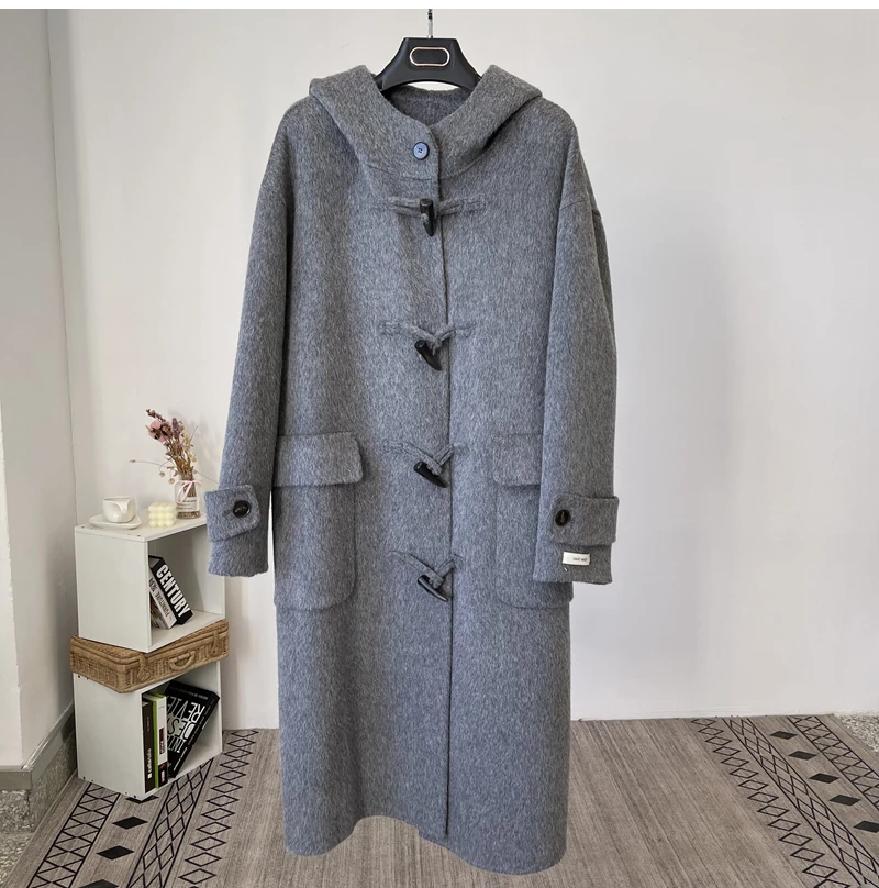 

Cowhide button double-sided cashmere coat for women's 2023 new college style loose hooded small woolen coat