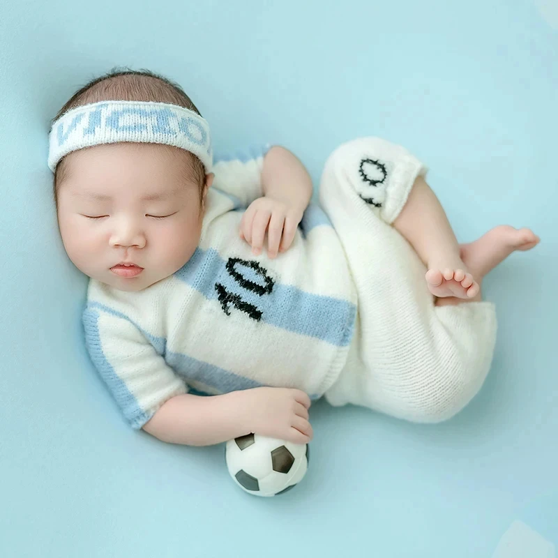 축구 소년 사진 의상 니트 의류 + 머리띠 세트 스포츠 테마 소년 Photoshoot 축구 인형 액세서리