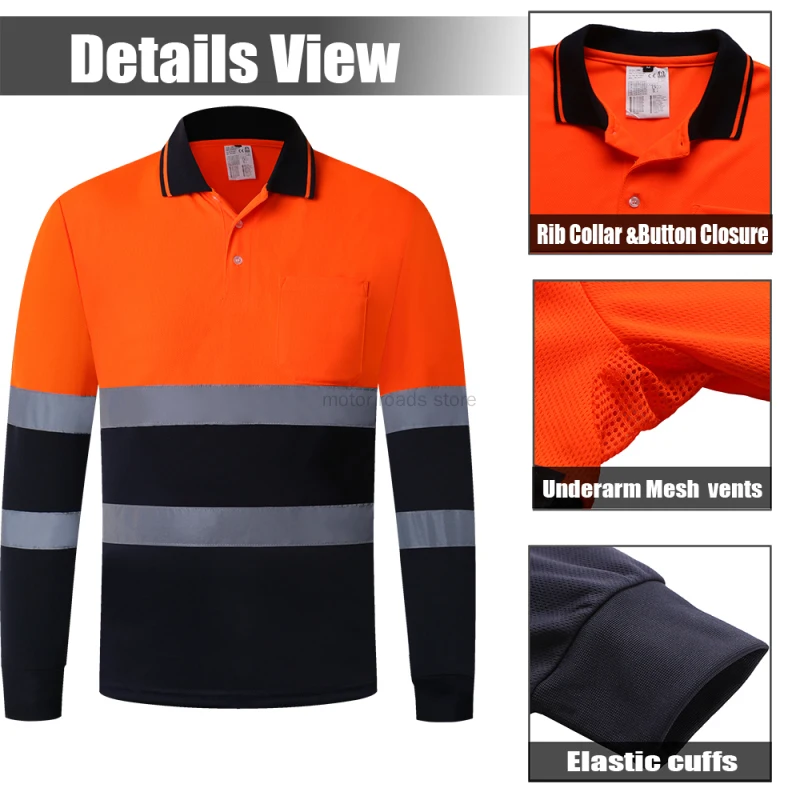 Reflective Safety Polo Shirt Two Tone Long Sleeve Safety Polo Shirt Orange High Visibility Reflective Shirt With Pockets Hi vis work shirt