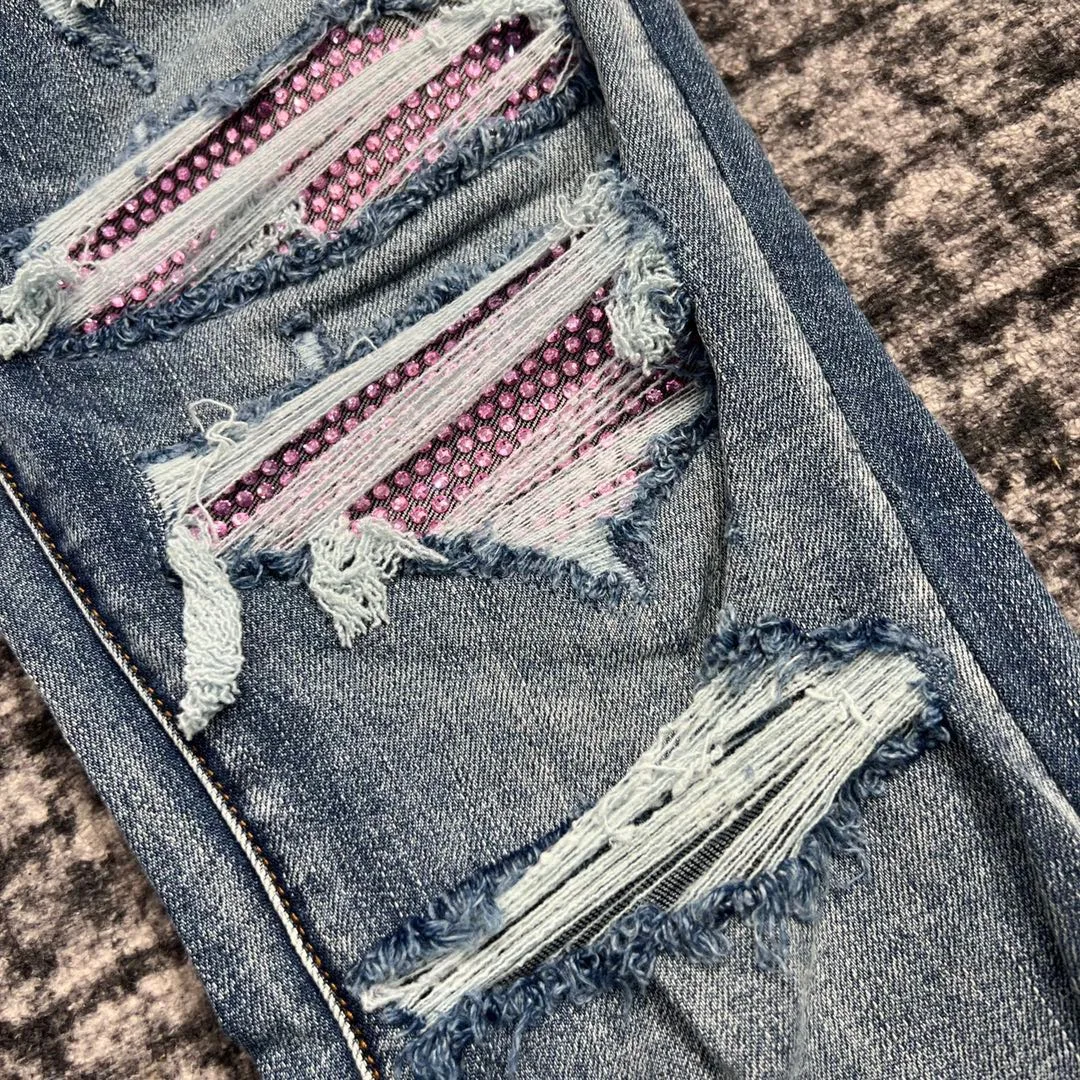DISCOUNTED men pink diamond stone patches distressed skinny jeans 5