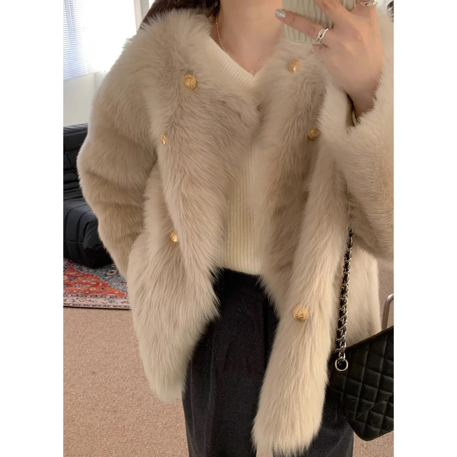 Imitation Fox Fur Coat Women Korean Autumn Winter Round Neck Outwear All-Match Thick Double Breasted Overcoat Plush Chaquetas