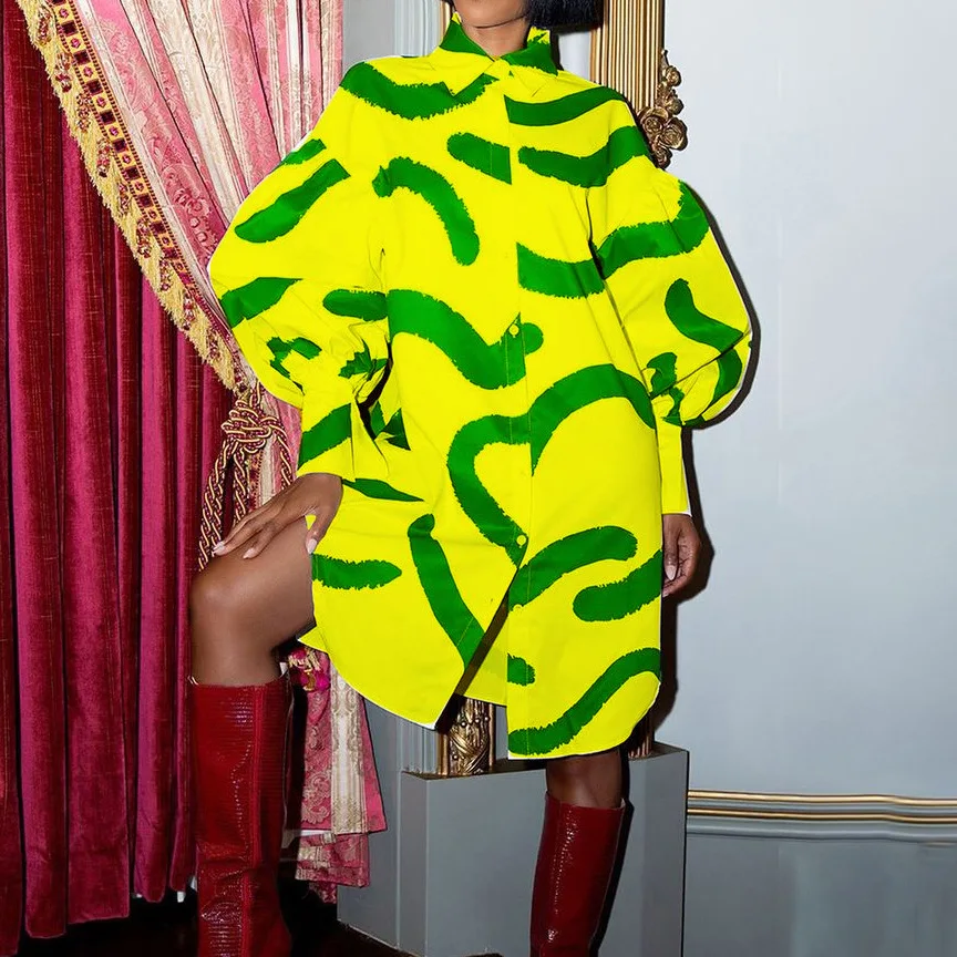 

New Long Sleeve Printed Striped Puff Sleeve Dress Loose Fashion Shirt Dress Single-Breasted Dress European And American Women