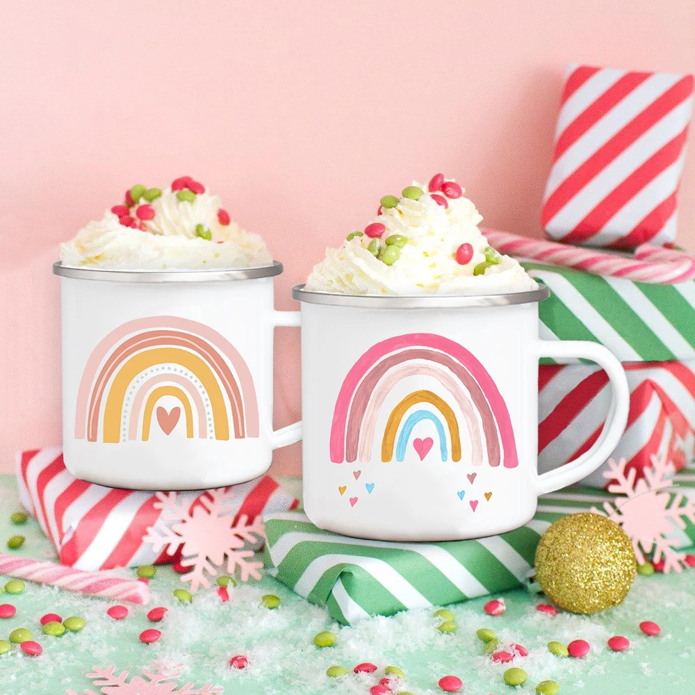

Rainbow Print Enamel Coffee Mugs Cute Creative Breakfast Dessert Milk Water Cups Party Beer Drinks Juice Mug Kitchen Drinkware