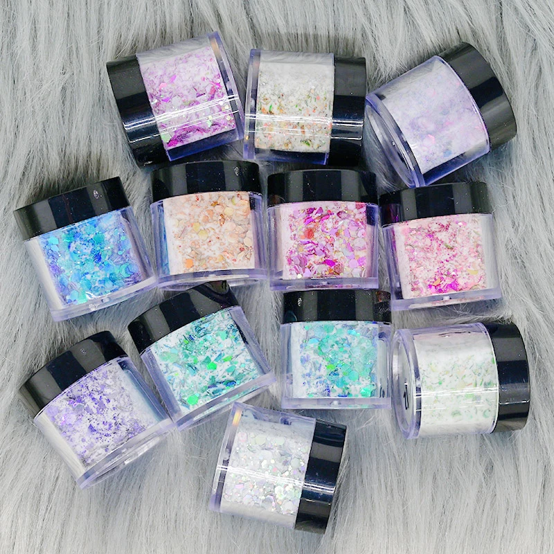 Acrylic Powder With Chunky Glitter Sequins Chameleon Flakes 3In1 For Acrylic Nail Extension Carving Nail Art Decoratio 12pcs/Set Acrylic Powder Kit Acrylic Carving Powder Nail Glitter Powder
