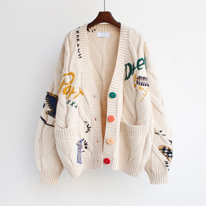

Embroidery Knitted Cardigan Women's Sweater Warm Long Sleeve Letter Print Pocket Cardigans Coat Autumn Winter Loose Sweaters