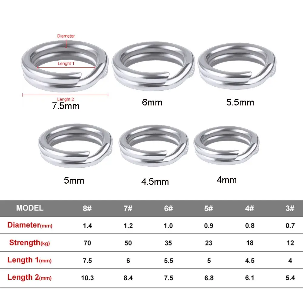 Fishing Split Rings 100pcs Stainless Steel 3#-8# for Crank Hard Bait Silver Double Loop Split Open Carp Tool Fishing Accessories
