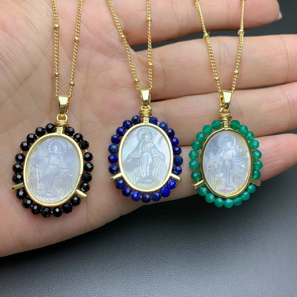 Natural Stone Beads Sea Shell Holy Virgin Mary Necklace Women Lapis Lazuli Medal Pendant Religion Jewelry For Mother's Day