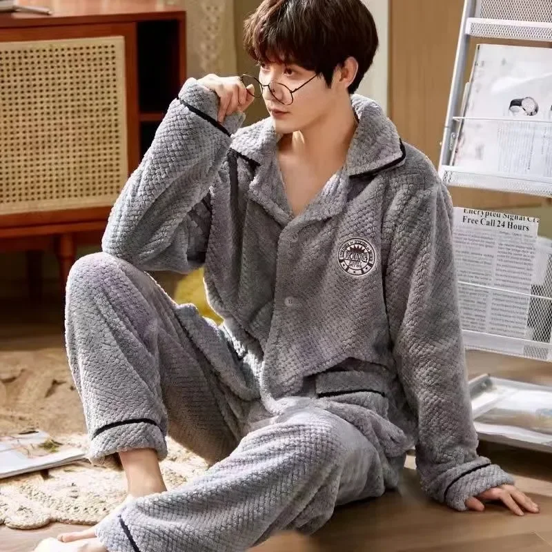 Winter Men Pajamas Plush Thick Coral Velvet Sleep Suit Male